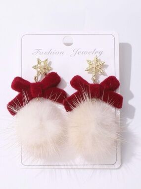 NWT Snowflake Earrings with Red Velvet Bow & Cream Faux Fur Pom Pom